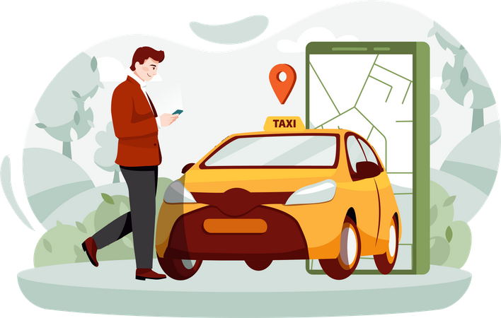 Businessman Booking cab From cab service app  Illustration