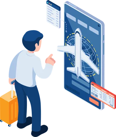 Flat 3 D Isometric Businessman Booking Flight Online With Smartphone Flight Ticket Booking And Business Travel Concept Illustration