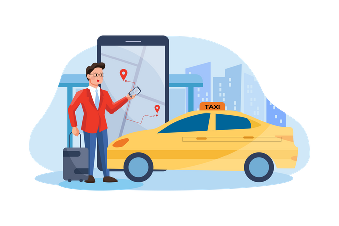 Businessman booking taxi using online application  Illustration