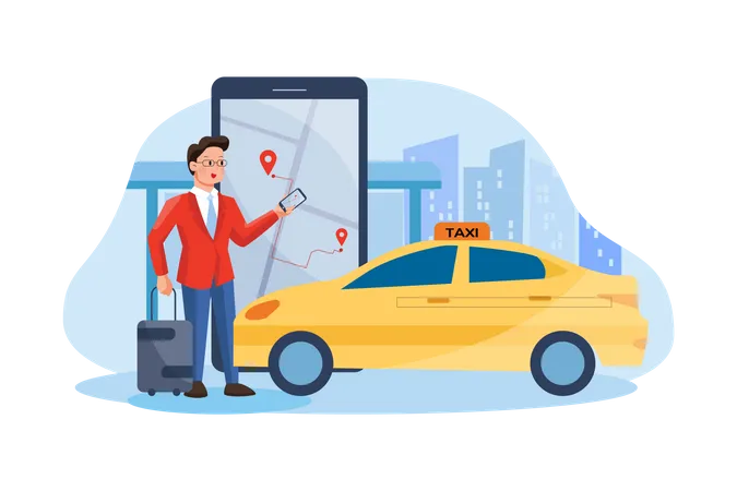 Businessman booking taxi using online application  Illustration