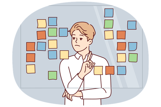 Businessman brainstorm near board in office  Illustration