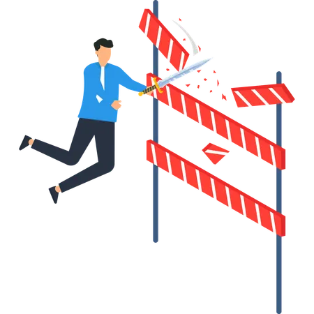 Businessman Breaking Barriers with Sword  Illustration