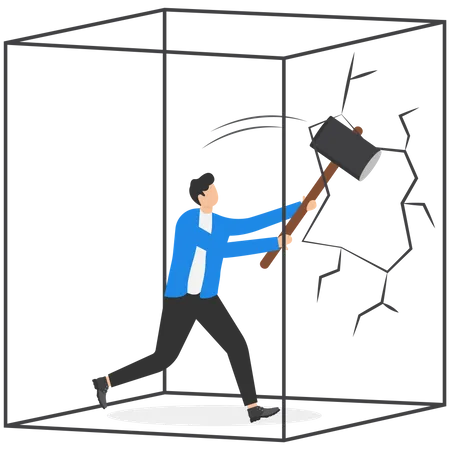 Businessmen Holding Sledgehammer To Break Glass Cube Break Comfort Zone Flat Vector Illustration Illustration
