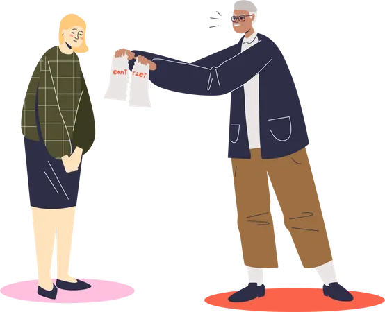 Businessman Breaking Contract With Female Employee Tearing Document In Two Parts Upset Jobless Woman Worker Unemployment Dismissal And Crisis Concept Cartoon Vector Illustration イラスト