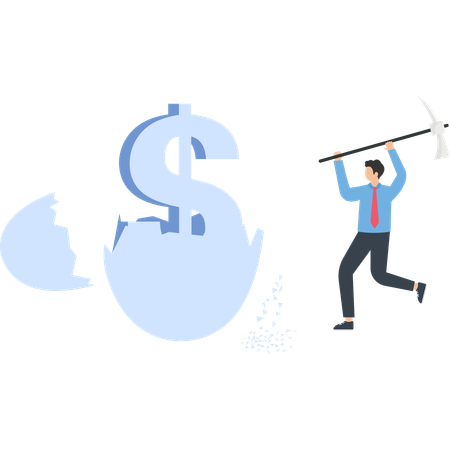 Businessman breaking out  egg with dollar sign  of financial growth and investment  Illustration