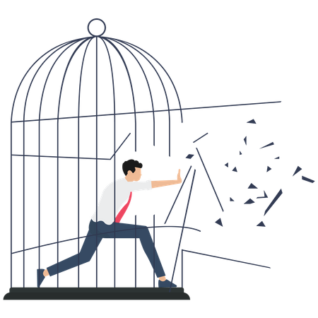 Businessman breaking out large birdcage  Illustration