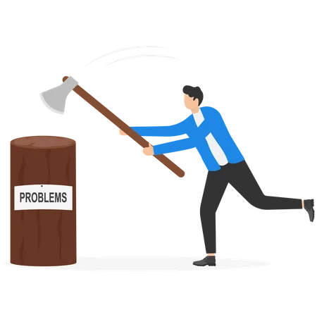 Vector Businessman Breaking Wood Of PROBLEMS By Big Ax Illustration