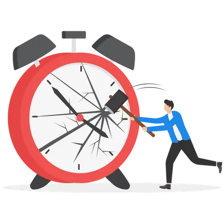 Businessman Uses A Sledgehammer And Breaks Hitting The Alarm Clock With Broken Glass Flat Vector Illustration Illustration