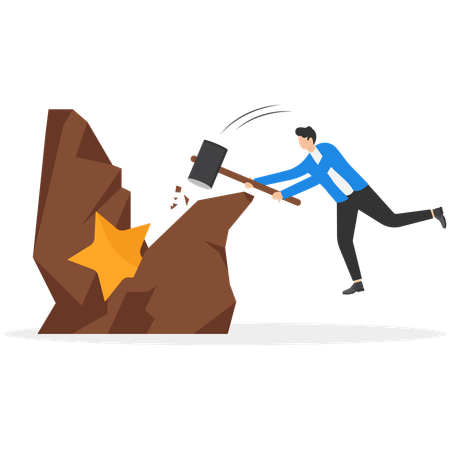 Businessman breaks rock to achieve target  Illustration