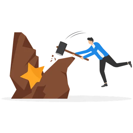 Businessman breaks rock to achieve target  Illustration