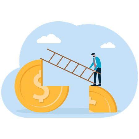 Businessman bridges gap between dollar coin  Illustration