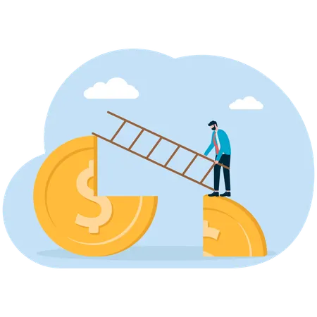 Businessman bridges gap between dollar coin  Illustration