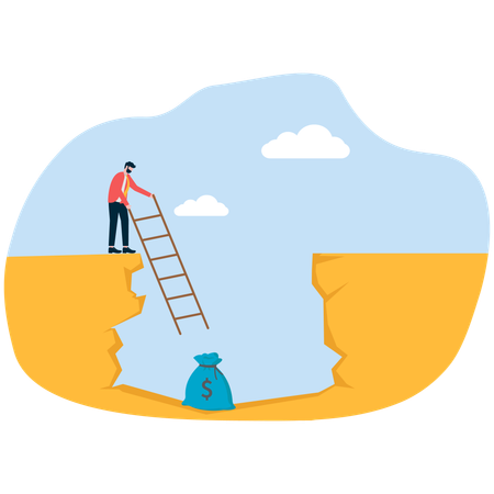 Businessman bridges gap between money bag and cliff  Illustration