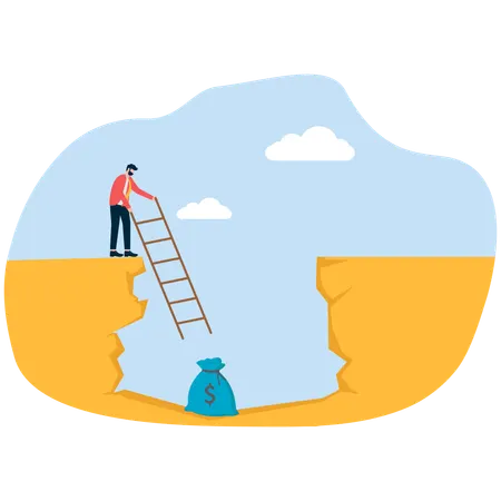 Businessman bridges gap between money bag and cliff  Illustration