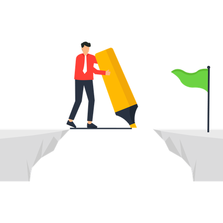 Businessman bridging gap with marker to reach green flag  Illustration