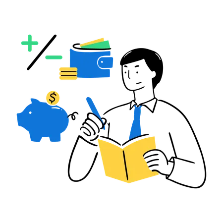 Businessman budgeting with Piggy Bank  Illustration