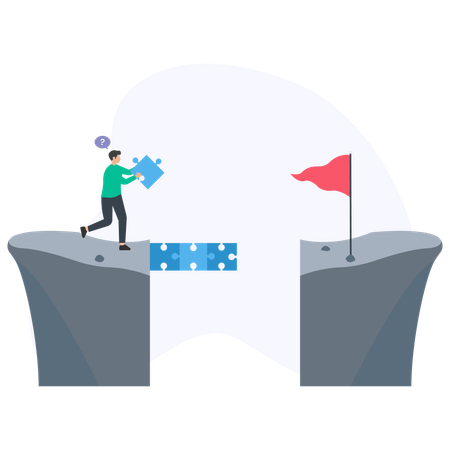 Businessman building bridge with jigsaw puzzle pieces to reach goal flag  Illustration
