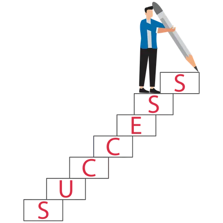 Businessman Building Success Stairs with Giant Pencil in Hand  Illustration