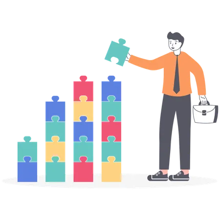 Businessman Builds A Tower Of Multi Colored Puzzles Concept Of Business Success Vector Illustration Flat Illustration