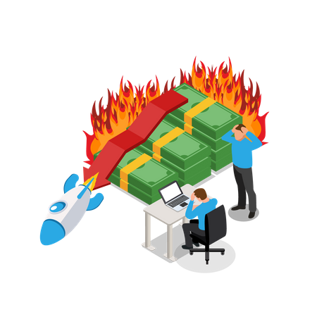 Businessman burning money in failing startup Illustration