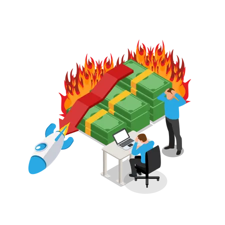 Businessman burning money in failing startup  Illustration