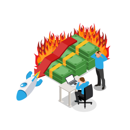 Businessman burning money in failing startup  Illustration