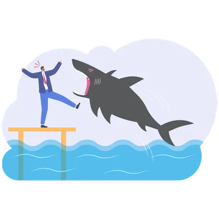 Businessman Sitting With Fishing Shark Strike Businessman Sharks Concept Illustration Vector Cartoon Illustration