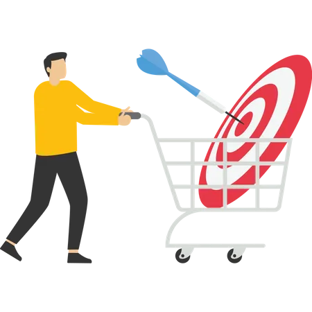 Businessman Buy Goal With Shopping Cart Bulls Eye Inside Shopping Basket Successful Shoot Darts Target Vector Illustration Design Concept In Flat Style Illustration