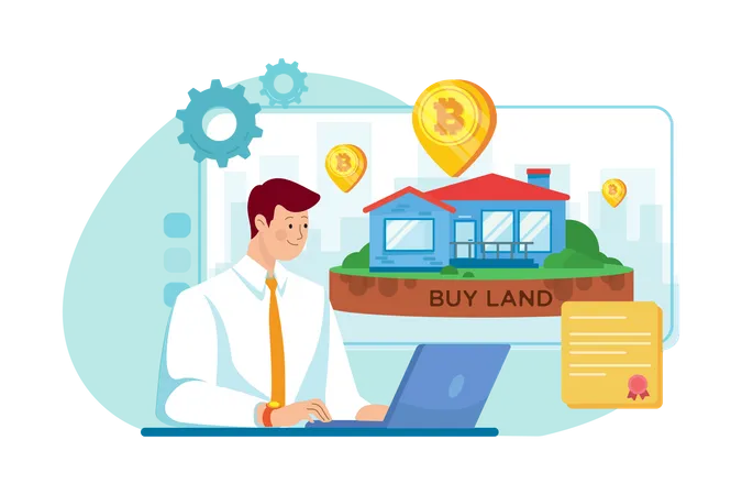 Businessman buy land using Bitcoin  イラスト