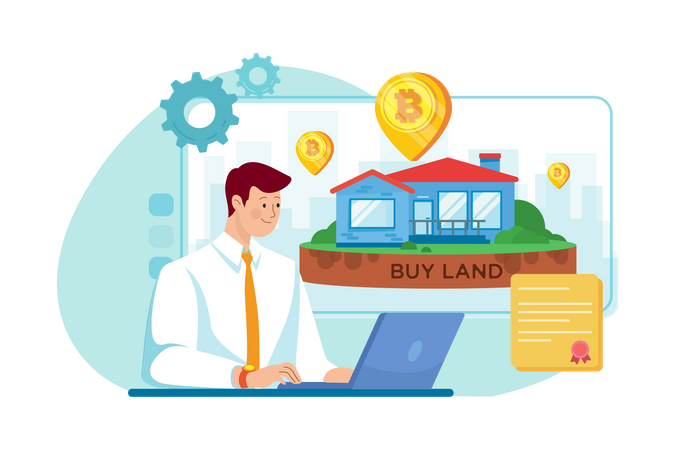 Businessman buy land using Bitcoin  Illustration