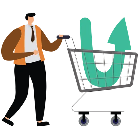 Businessman buy stock with down arrow graph in shopping cart  Illustration