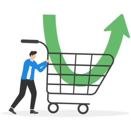 Businessman buy stock with down arrow graph in shopping cart  Illustration