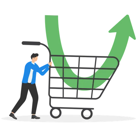 Businessman buy stock with down arrow graph in shopping cart  Illustration