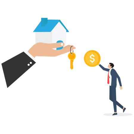 Businessman buying house with hand giving keys and house  Illustration