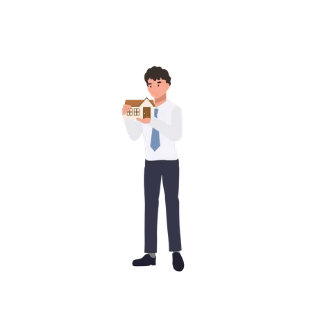 Real Estate Concept A Businessman Is Holding Small House For Sale Or Rent Flat Vector Cartoon Character Illustration Illustration