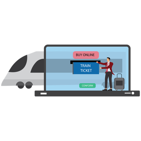 Businessman buying train ticket online on laptop  Illustration