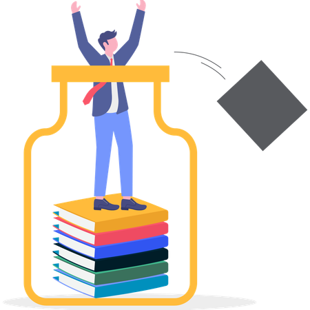 Businessman caged up with books  Illustration