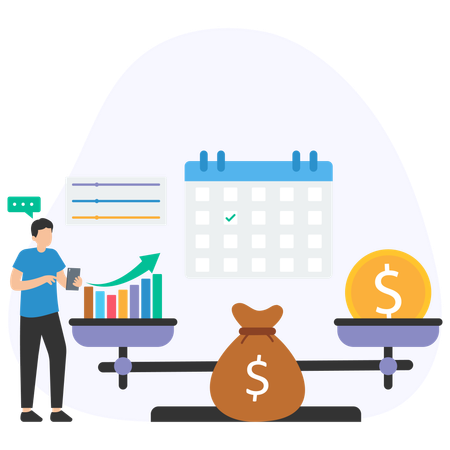 Businessman calculating business investment on scale  Illustration