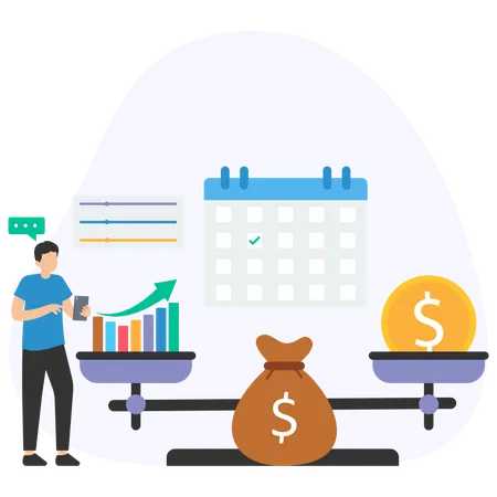 Businessman calculating business investment on scale  Illustration