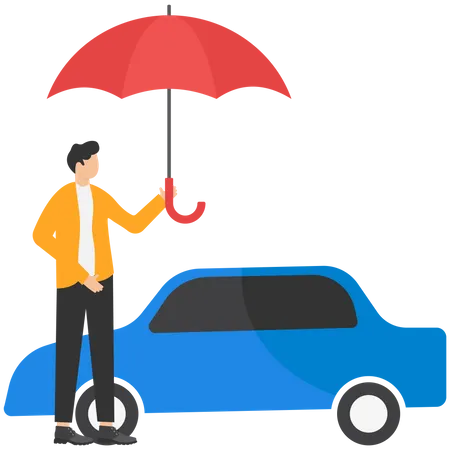 Car Insurance Accident Protection For Vehicles Safety Or Assurance Service Concept Businessman Car Owner Or Insurance Agent Stand With New Car Under Strong Umbrella Protection Shield Illustration