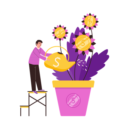 Businessman care to money tree growing in pot  Illustration