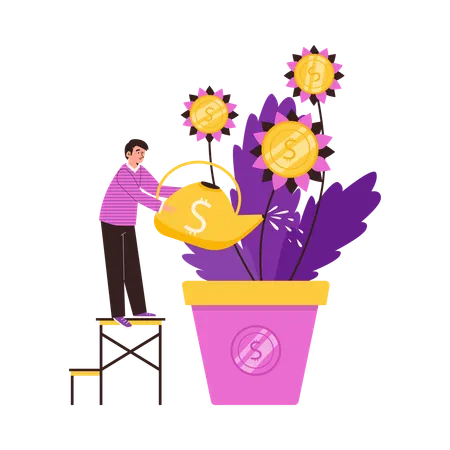 Businessman care to money tree growing in pot  Illustration
