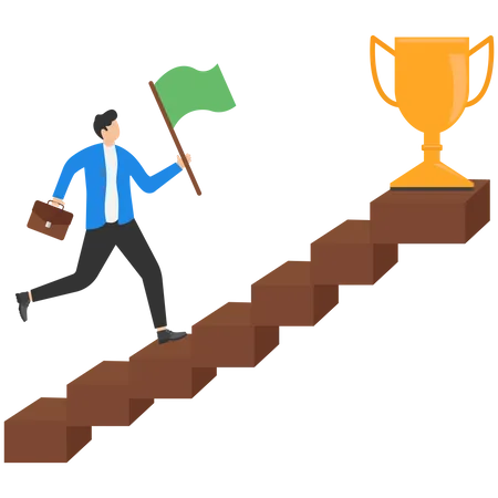 Businessman Career Ladder And Gold Prize On Top Business Concept With Go Up To Boss Position Success Award Or Reward Stairs Entrepreneurship Competition Or Work Challenge Illustration