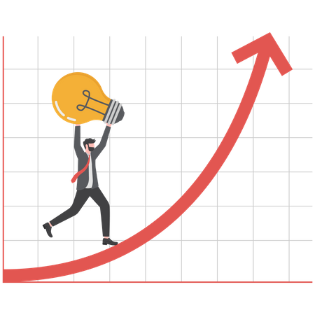 Businessman carries a light bulb on the arrow of growing graph  Illustration