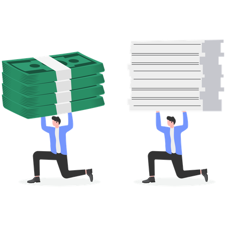 Businessman carries a pile of banknotes on his shoulders another businessman carries a pile of work  Illustration