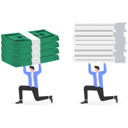 Businessman carries a pile of banknotes on his shoulders another businessman carries a pile of work  Illustration