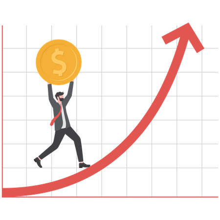 Businessman carries coin along the growing arrow of the graph  Illustration