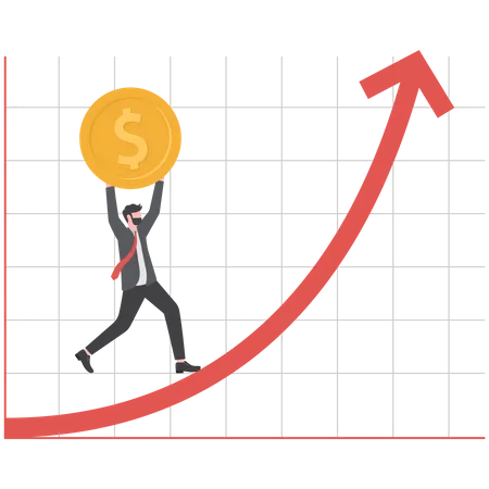 Businessman carries coin along the growing arrow of the graph  Illustration