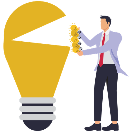 Businessman carries many idea lamps to put into bulb  Illustration