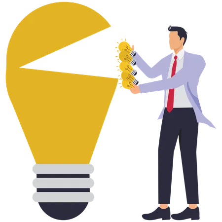 Businessman carries many idea lamps to put into bulb  Illustration